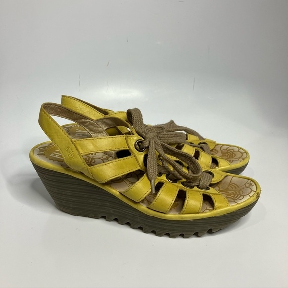 Fly London Yito wedge lace up sandals yellow leather size 40 - Picture 3 of 10